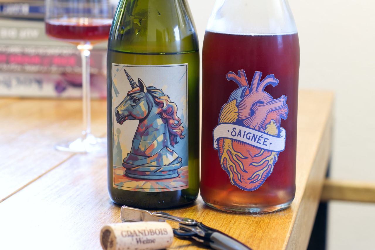 Auf einem Holztisch stehen zwei Flaschen Wein von Grandbois. Ein Petnat Saignée mit einem Herz auf dem Label und ein Unicorn Knight Chardonnay mit einem Einhorn als Schachfigur auf dem Etikett. Im Hintergrund sind ein Weinglas und ein Bücherstapel zu sehen, im Vordergrund liegt ein Korken am Kellnermesser.