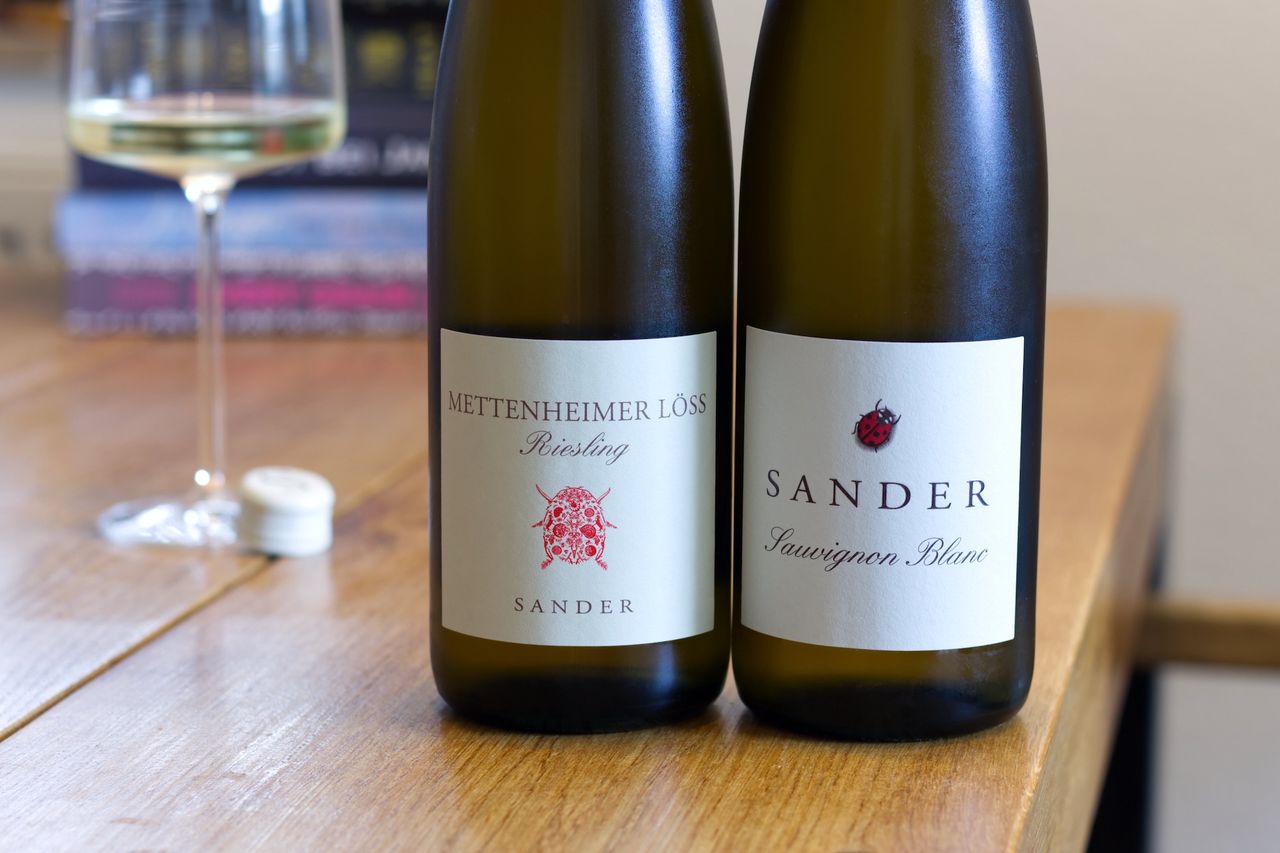 Auf einem Holztisch stehen zwei Flaschen Weisswein vom Weingut Sander mit dem typischen Marienkäfer auf dem Etikett. Im Hintergrund sind ein Weinglas und ein Bücherstapel zu sehen.