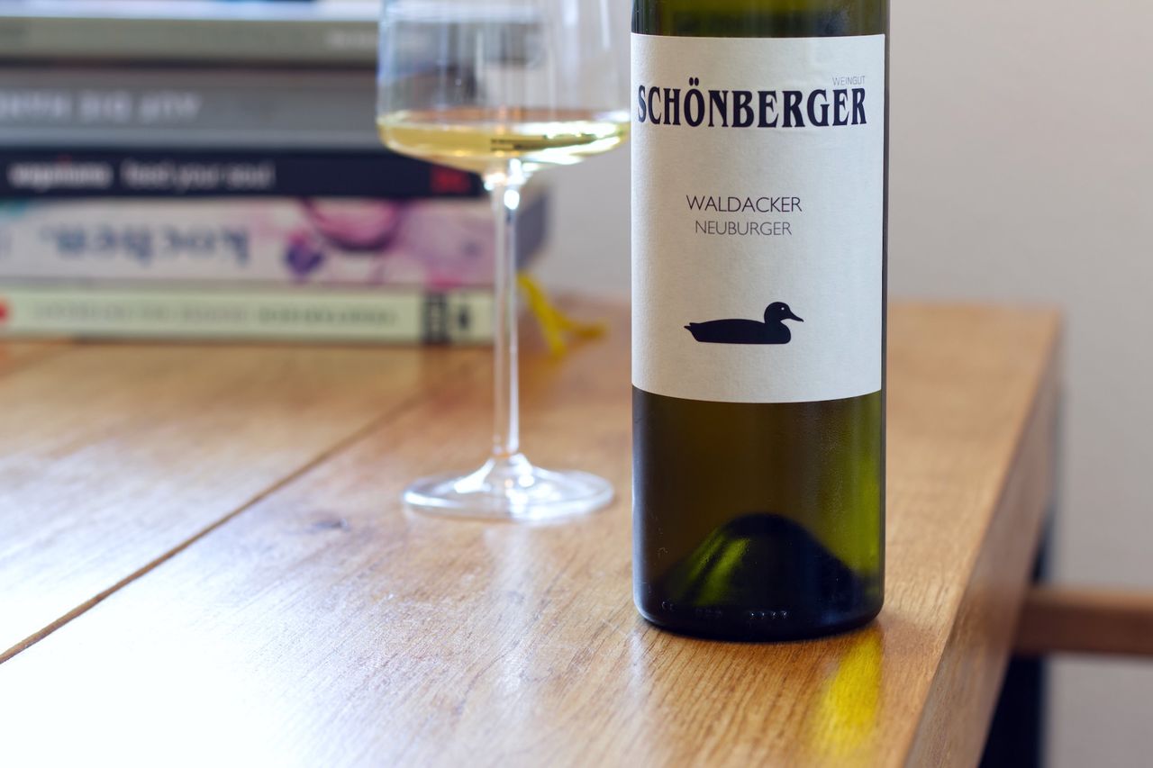 Auf einem Holztisch steht eine Flasche Neuburger von Schönberger mit der Ente auf dem Etikett. Im Hintergrund sind ein Weinglas und ein Bücherstapel zu sehen.