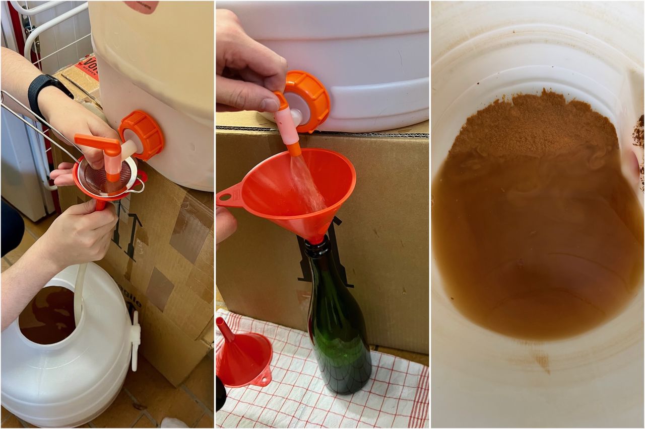 Eine Collage mit einem Bild wie von einem ins andere Fass gefüllt wird, wie mit einem Trichter eine Flasche befüllt wird und dem Bodensatz in einem Fass nach der Gärung