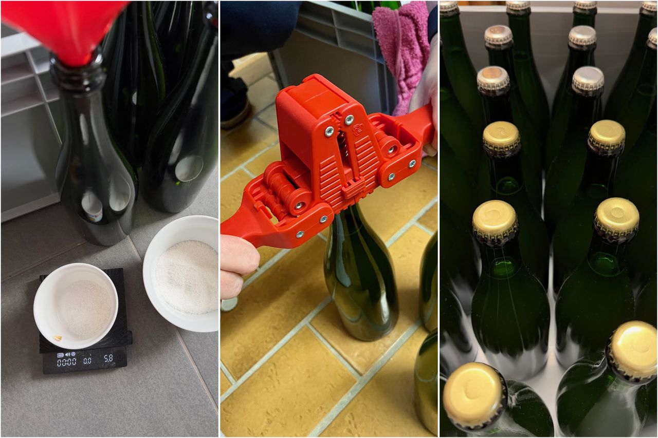 Eine Collage mit einem Bild wie Zucker abgewogen wird für die Flaschen, dem Handverkorker auf einer Flasche und den frisch verkronkorkten Flaschen in einer Kiste
